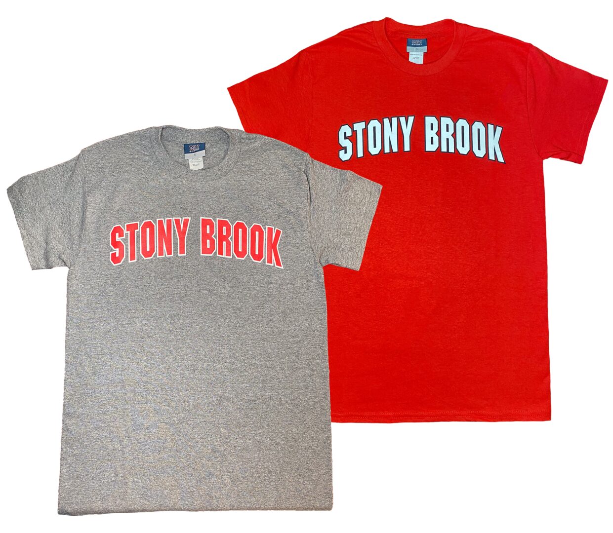 Grey tee shirt with the text stony brook arched across the center in red ink with a white outline and a red tee with the text stony brook arched across the center chest in white in with a black outline