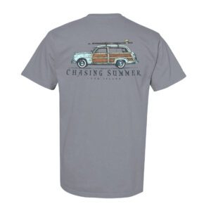 grey tee shirt with a light blue woody van with the words chasing summer in a serifed uppercase font with the words long island in smaller letters below