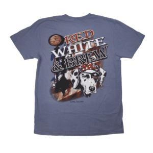 full back design of a dalmation dog'd head wearing a red and white bandana with the words 'red white and brew' above