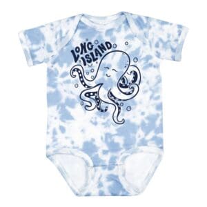 Tie-dye baby onesie with smiling octopus graphic