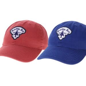 Red and blue baseball caps with rocket patch