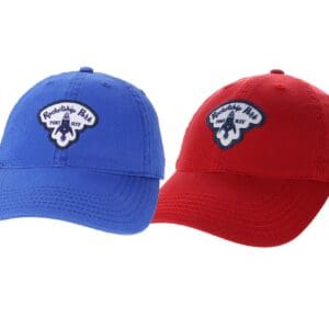 Blue and red baseball caps with rocket patch