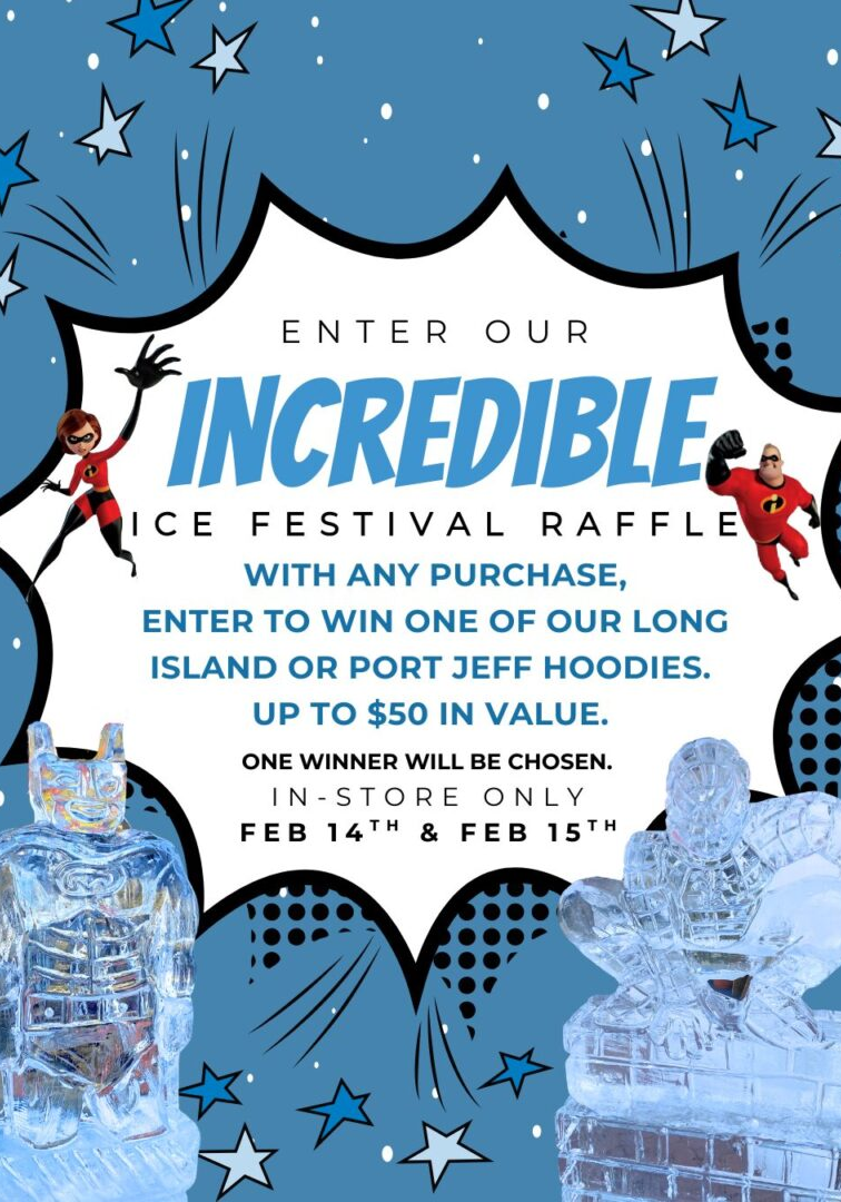 Superhero-themed ice festival raffle poster