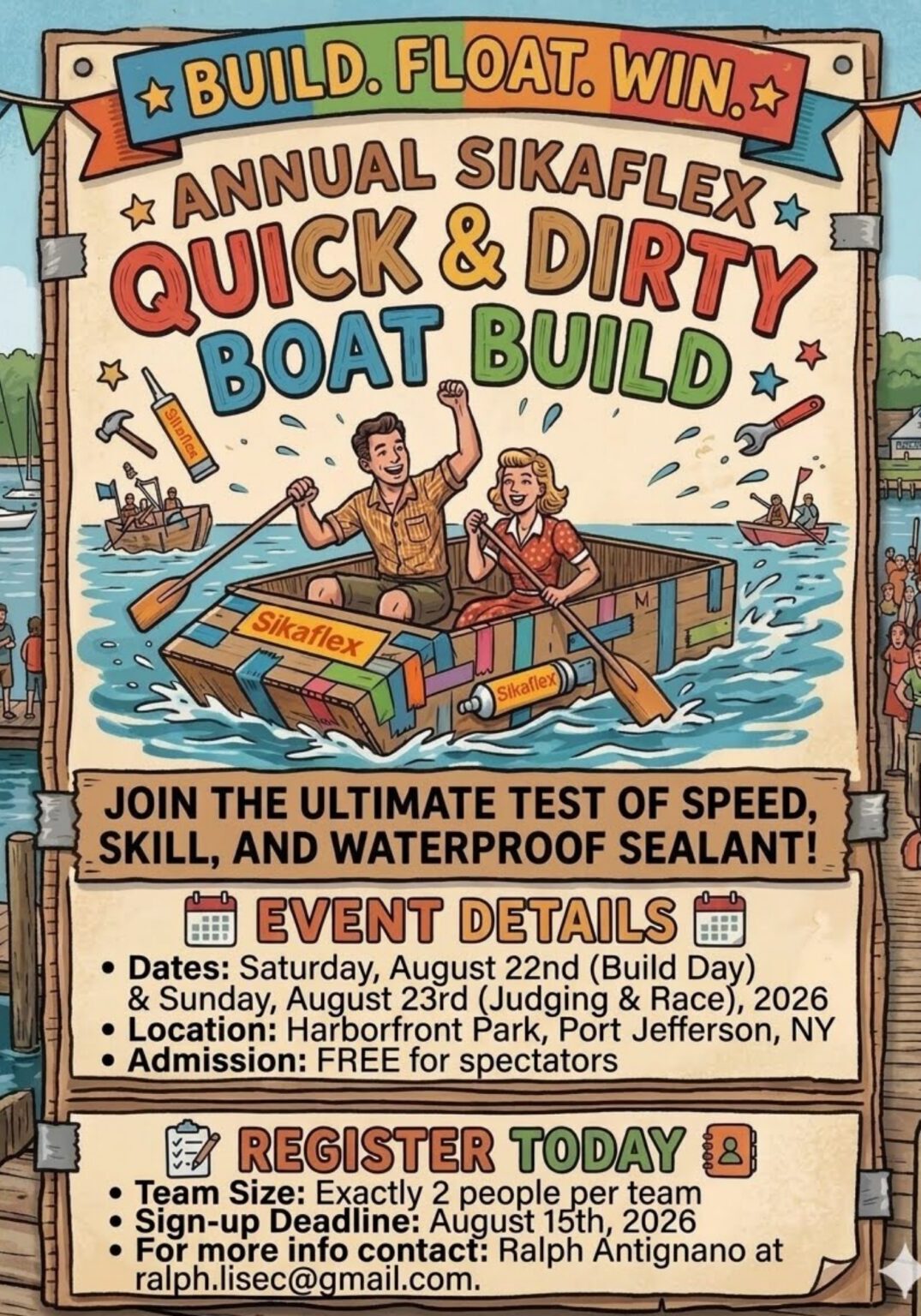 Colorful poster: couple rowing homemade cardboard boat